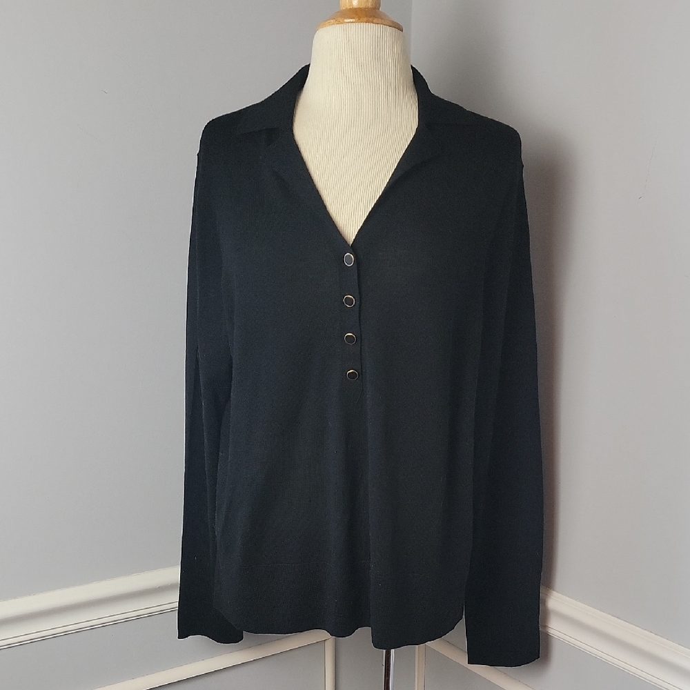 TALBOTS 100% Merino Wool Black Collar V-Neck Faux Button Office Retro Sweater XL